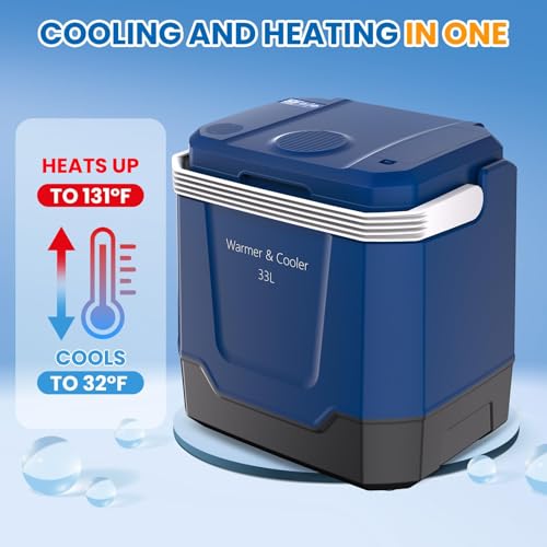 Image of 35QT Electric Cooler, Portable Car Refrigerator & Plug-In Cooler with 12V DC & AC Power, Travel Cooler for Camping, Road Trips, Truck Travel & Home Use, car fridge with Locking Handle