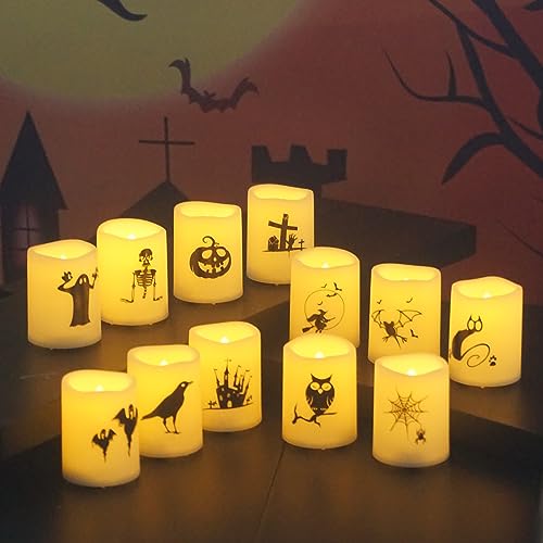 Image of Halloween Battery Operated Flameless LED Votive Candles with Decals 12 PCS
