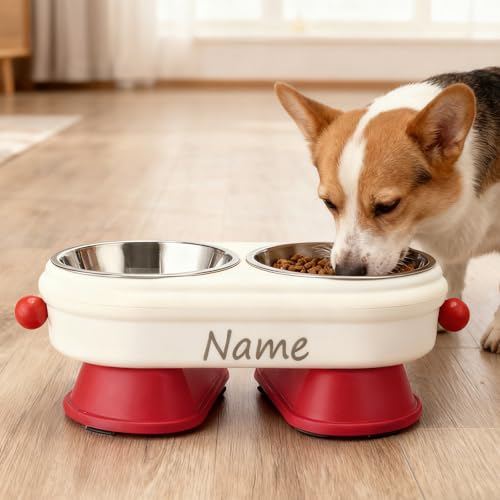 CQSXM Personalisierter Futternapf Erhöhter, Rutschfester Hundenapf mit Namen, Abnehmbare Edelstahlschüssel 350ml x 2, für Katzen und kleine Hunde (Personalisiert)