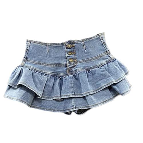 Mini Skirts for Women Summer High Waist Single-Breasted Pleated Ruffles Denim Jean Skirt Solid Color with Pockets