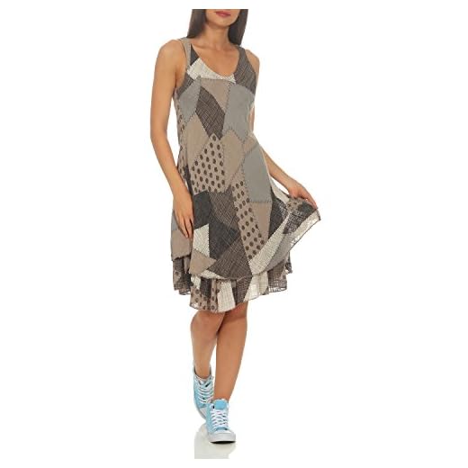 ZARMEXX Damen Sommerkleid Strand Kleid Patchwork-Print Ärmellos doppellagig A-Linie Cappuccino One Size (36-40)