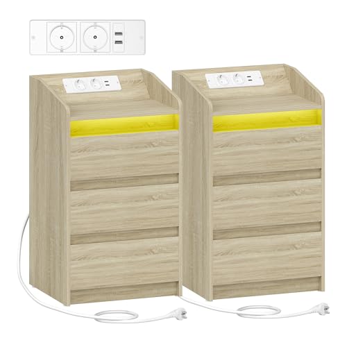 Hzuaneri Table de Chevet avec 3 Tiroirs, Table d'Appoint avec Station de Charge et LED, 2 Prises CA et 2 Ports USB pour Chambre à Coucher, Salon, Couleur...