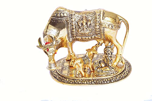 Image of KridayKraft Kamdhenu Cow,Calf with Bal Gopal Krishna Metal Statue for Good Luck,Feng Shui As Table Top Figurine,Vastu,Religious Gau MATA Idol Home,Office&Table