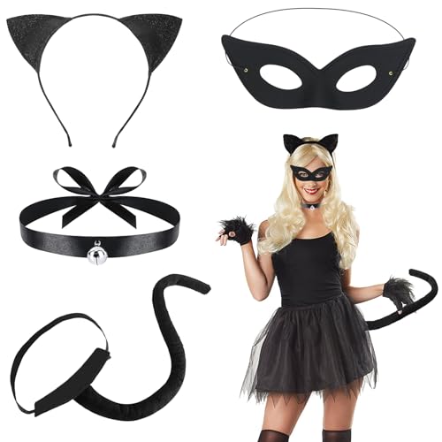 Forbabe 4 Stück Halloween Katzenkostüm Damen, Erwachsener Katzen Kostüm Accessoires mit Katzenohren Haarreif Plüsch Schwanz Halskette Masken Katze...