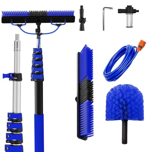 Image of 26FT Reach Solar Panel Cleaning Brush Kit with 5-20FT Telescoping Pole, 33FT Hose, 20 inch Water Fed Brush, Soap Dispenser, Cobweb Duster, Squeegee & High Ceiling Duster for Roof, RV, Gutter, Boat, Deck