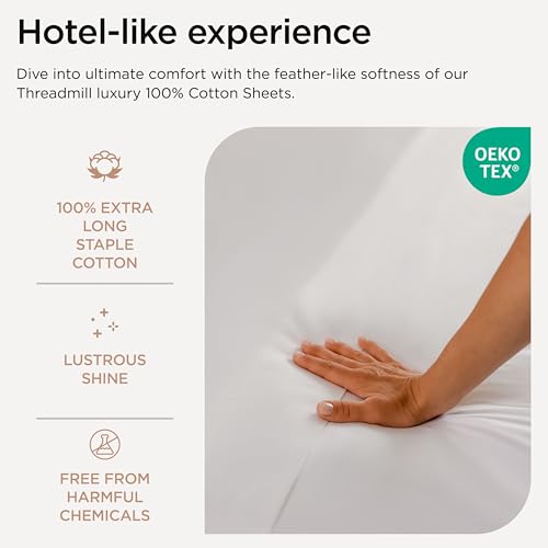 Image of Threadmill 100% Cotton Sheets for Queen Size Bed - 600 Thread Count Queen Bed Sheets Set with 16 inch Deep Pocket - Sateen Weave 4-Piece Bedding Set with Cooling Effect, White