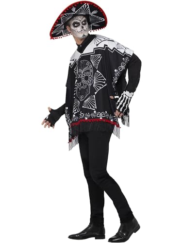 Smiffys Day of the Dead Bandit Costume, Black & White with Poncho, Sombrero & Gloves, Mexican Day of The Dead/Sugar Fancy Dress, Halloween Dress Up Costumes