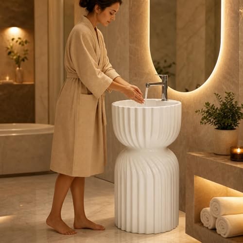 Image of Well Set Luxury Ceramic One Piece Pedestal Wash Basin | Premium Stand Wash Basin Square for Home Office Hotel | Glossy White