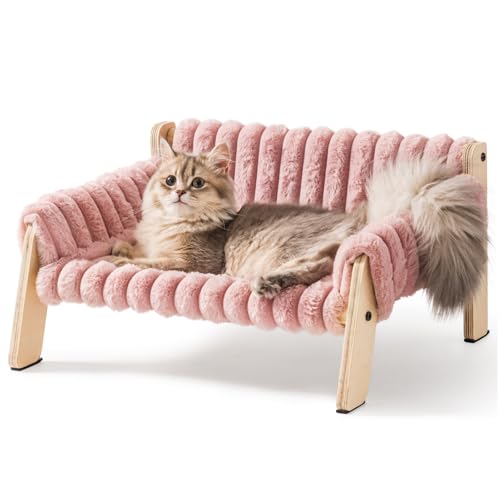 MEWOOFUN Erhöhtes Weich Katzensofa Bett für große Katzen und Kätzchen, Stabiles Katzenbett kleines Hundebett mit waschbarem abnehmbarem Bett (Rosa, M)
