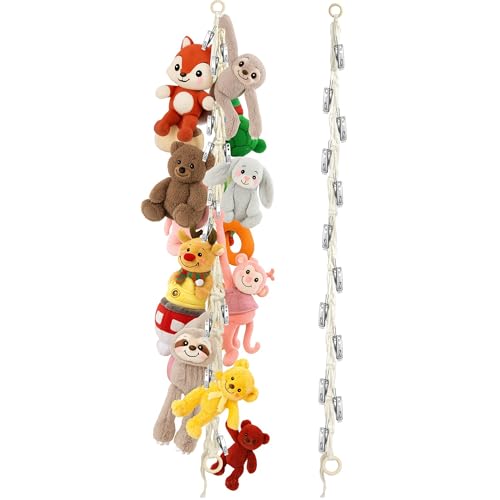 Dorblely Stuffed Animal Storage Hammock Corner - Hanging Stuffed Animal Holder with 20 PCS Metal Clips, Boho Stuffed Animal Organizer Chain for Hanging Hats Socks Holiday Cards