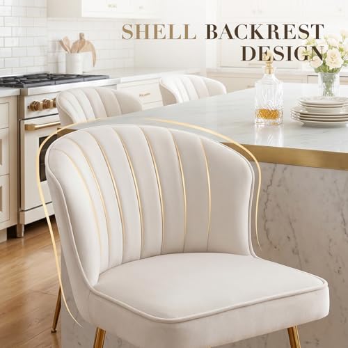 Image of EALSON Counter Height Bar Stools Set of 4 Modern Bar Chairs with Back Velvet Upholstered Barstools with Gold Footrest Comfortable Island Chairs for Kitchen Counter /Home Bar /Dining Room, Beige