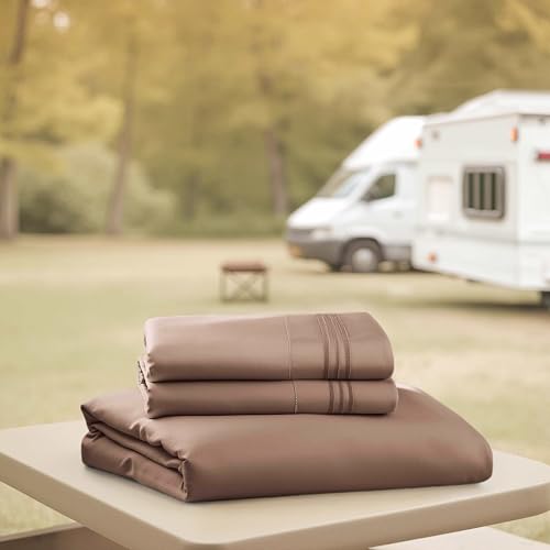 Image of Nestl Chocolate Brown Short Queen Sheets for RV, Hotel Luxury RV Queen Sheets Set, 4 Piece Fitted Bed Sheet Set and Pillowcases, Super Soft, Wrinkle-Free, and Breathable Camper Bedding
