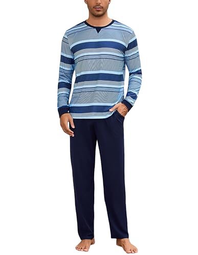 Bresdk Schlafanzug Herren Lang Winter Baumwolle Pyjama Herren Lang mit Rundhalsausschnitt Zweiteiliger Pyjama Set Marineblau + Hellblau L