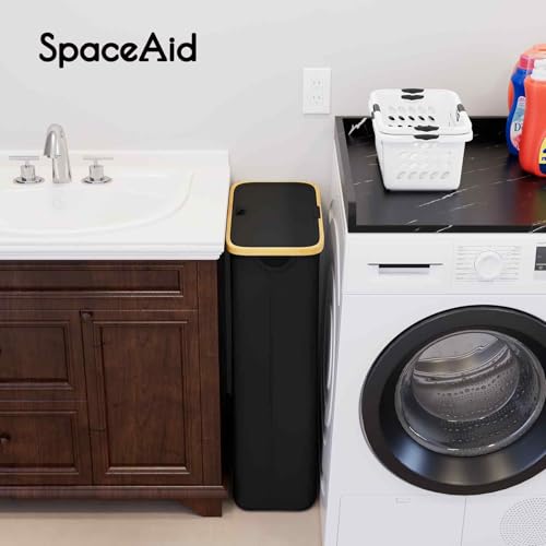 SpaceAid Slim Laundry Hamper with Lid, 65L Narrow Clothes Basket Bin with Bamboo Handles, Skinny Tall Collapsible Hamper for Bedroom, Bathroom, Dorm, Laundry Room - Black