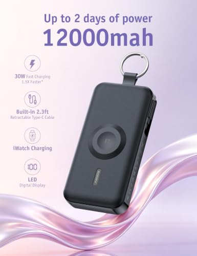 RORRY CharmGo Portable Charger 12000mAh, 3 in 1 Power Bank with Built-in Retractable USB C Cable, 30W Fast Charging,Battery Pack with Keychain, Travel Essentials for iPhone, Apple Watch, iPad, Black — view 2