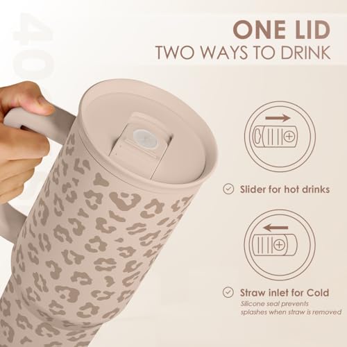 Image of SANDJEST Leopard Tumbler with Handle, Insulated Cup Stainless Steel Travel Mug Cup, Gifts for Women Girl on Birthday Christmas, Tan Leopard, 40oz