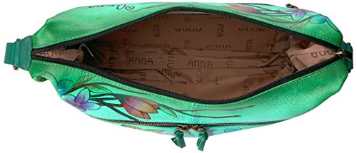 Anna by Anuschka Women's Genuine Leather Medium Shoulder Hobo | Zip-Top Organizer with Side-Zip Pockets | Birds in Paradise Green