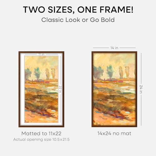 Image of Homeforia 14x24 Picture Frame Brown, High End Dark Oak 14x24 Poster Wood Frame with Mat 11x22 for Photo, 14 x 24 Wooden Walnut Frame Matted to 11 x 22, 24x14 Frames, Tempered Glass, Wall Kit, Set of 3
