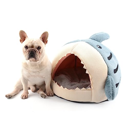 Hifrenchies Shark Haustierhaus für Französische Bulldogge, Haifischhaus, waschbar, Hundehöhle und Bett mit abnehmbarem Kissen, Haifischbett und Haus für Hunde und Katzen (Größe L, Blau)