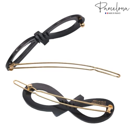 Parcelona French Ribbon Knot Infinity 2 1/4" Small Celluloid Acetate Hair Clips With Tige Boule Clasp Set Of 2 Fashion Durable Styling No Slip Grip Women Hair Accessories Girls Side Slide-In Barrette Clip ,Made In France (Solid Black) #TOP3