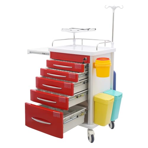 Medical Rolling Storage Crash Cart w/5-Tier Drawers, Mobile Medical Utility Cart w/360° Lockable Wheels, Power Strip, CPR Board, IV Pole, O2 Holder, Nursing Emergency Cart for Hospital Clinic (Red) - Thumbnail 2