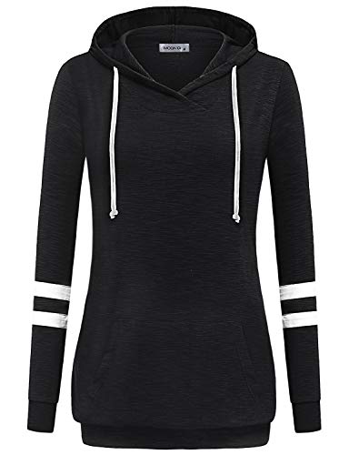 MOQIVGI Sweatshirts for Women,Long Sleeve Light Weight Drawstring Gym Hoody Tops Stylish Unique Regular Fit Casual Wear Baggy Beach Pullover Tunic with Pocket Banded Bottom Blouse Shirts Black Large