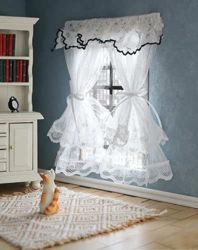 Image of iLAND 1 /12 Scale Accessories Miniature Dollhouse Curtains Delicate White Sheer Lace Curtains with Blue Trim 2PCS for Dollhouse Windows Furniture Cute Decor Mini Decorations Small Gift