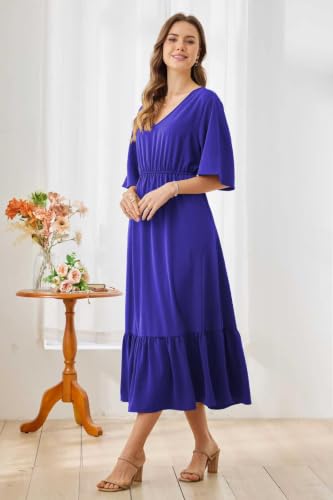Image of Women's Summer Short Sleeve Maxi Floral Flowy Dresses with Pockets