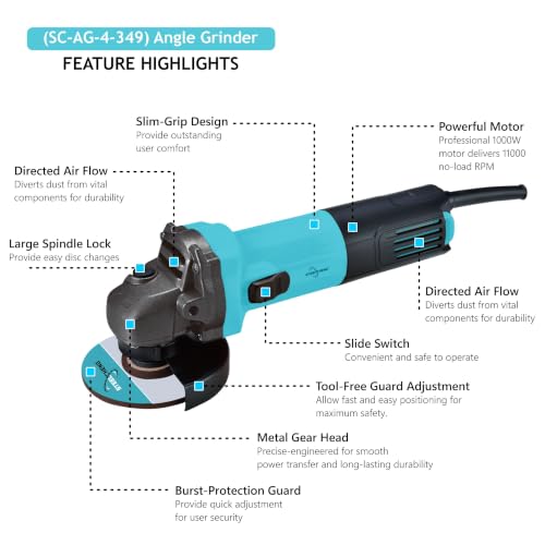 Image of 100mm Angle Grinder, 1000W Pure Copper Motor, 11000 RPM (SC-AG-4-349)