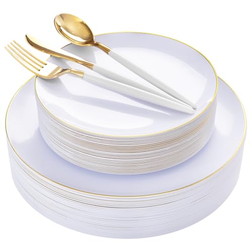 DaYammi 150Pcs Gold Plastic Plates with Disposable Silverware,White Gold Disposable Dinnerware Set - 30 Dinner Plate,30 Dessert Plate,90 Gold Cutlery with White Handles,Fancy Plates for Party Wedding