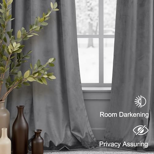 Image of Grey Velvet Curtains 108 Inches Long 2 Panels Luxury Crush Velvet Blackout Drape Gray Back Tab Design Thermal Insulated Soundproof Noise Reducing Window Covering for Living Room French Door W52 x L108