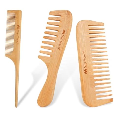 Maji Mama Natural Bamboo Comb Set Anti-Static Fine Wide Tooth Wooden Comb For Detangling Styling Thick Thin Straight Hair For Men or Women,Rat Tail Comb For Teasing Strands & Post Styling,3PCS Cover