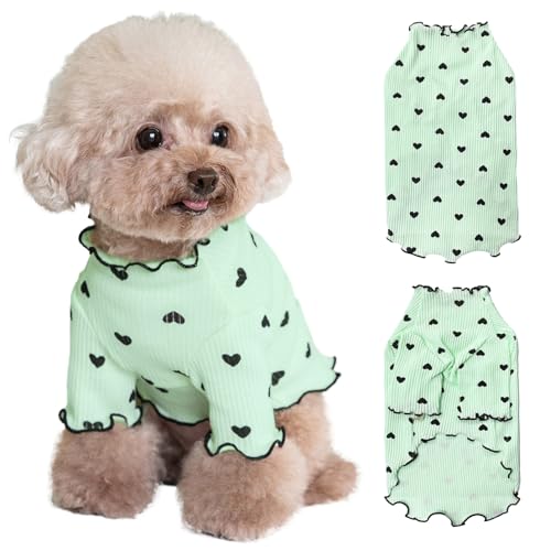 Image of Yaopelky Pet Clothes for Small Dogs Cat Summer Fall Heart Print Shirt Stretchable Ruffle Long Sleeve Outfits for Chihuahua Schnauzer Shih Tzu Yorkie (Green, X-Small)