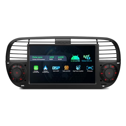 XTRONS Single Din Car Stereo for Fiat 500, Android 13 Octa Core 4GB RAM 64GB ROM Car Radio Player, 7 Inch IPS Touch Screen GPS Navigation for Car Head Unit DSP Car Play Android Auto 4G LTE (Black)