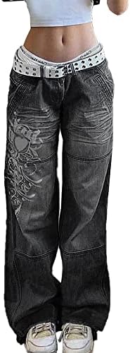 Xineicy Women's Low Rise Heart Pattern Baggy Jeans Washed Wide Leg Denim Cargo Pants