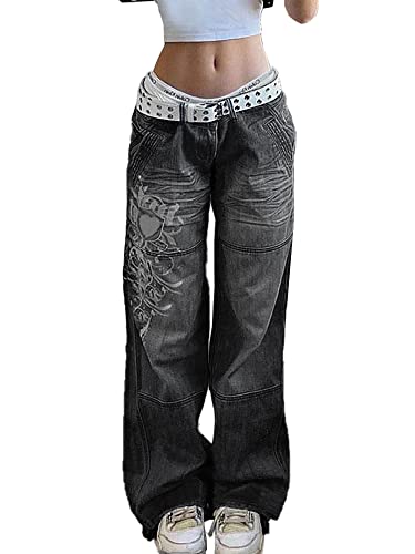 Xineicy Women's Low Rise Heart Pattern Baggy Jeans Washed Wide Leg Denim Cargo Pants