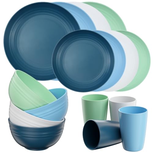 Image of Quatish 16 Piece Plates and Bowls Sets for 4, Unbreakable Dinnerware Sets, Plastic Dish Set for Camping, Dishwasher Microwave Safe, Outdoor Kitchen and Apartment Dorm Dinning RV Essentials, Blue
