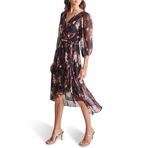 Image of DKNY Women's Chiffon Balloon Sleeve Faux Wrap Midi Dress with High-Low Hem