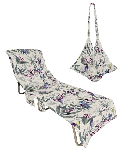Gray Botanical Beach Lounge Chair Towel Cover, Soft Chaise Lounge Towel with Side Pockets Patio Pool Chairs Cover for Beach/Pool Sunbathing 29x85 Rustic Spring Floral Summer Botanical Birds