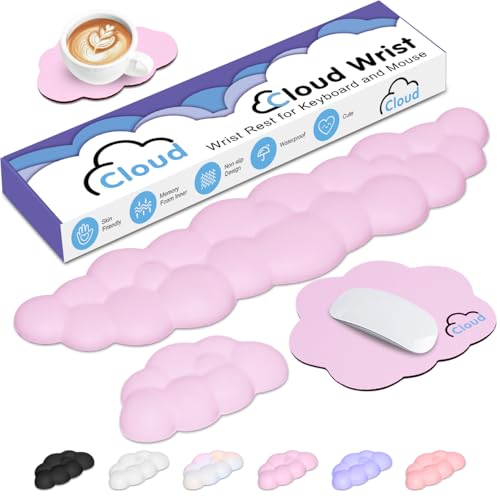 Image of 4 in 1 Ergonomic Leather Cloud Wrist Rest Keyboard and Mouse Pad & Coaster | Full 4-Piece Set, Non-Slip PU Base, Soft Memory Foam Comfort For Long Work /Gaming Hours, Cute Desk Decor, Easy To Clean