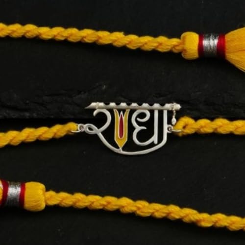 Image of Meenakari Heriatge Jewellery 925 Sterling Silver Morpankh (Peacock feather) Radha Krishna Rakhi Set For Men /Boys /women /Unisex With Roli Chawal, Rakshabandhan greeting Card and Authenticity certificate