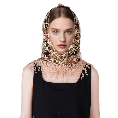 Lystaii Triangle Lace Mantilla Veil with Tassel Tulle Scarf Shawl Cathedral Head Covering Floral Chapel Veil for Mass Wedding 5