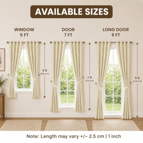Image of Premium Faux Linen Curtain with Eyelets & Tie-Back | Modern Textured Light Filtering Door & Window Curtain for Home & Office | Washable, Durable & Easy to Maintain | Beige, Long Door - 9 ft