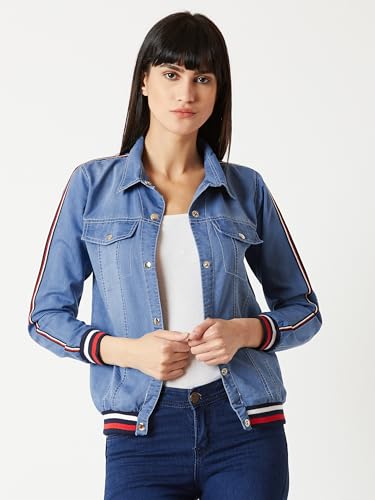Image of Miss Chase Women's Polo Neck Full Sleeves Patch Pocket Denim Overcoat Knee-Length Jacket