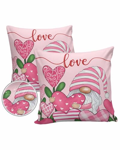LBDecor Outdoor Throw Pillow Covers 24x24 Waterproof Romantic Valentine Outdoor Pillows Decorative Pillow Covers Cushion Covers Pillowcase for Tent Patio Garden Couch Set of 2, Pink Cute Gnome