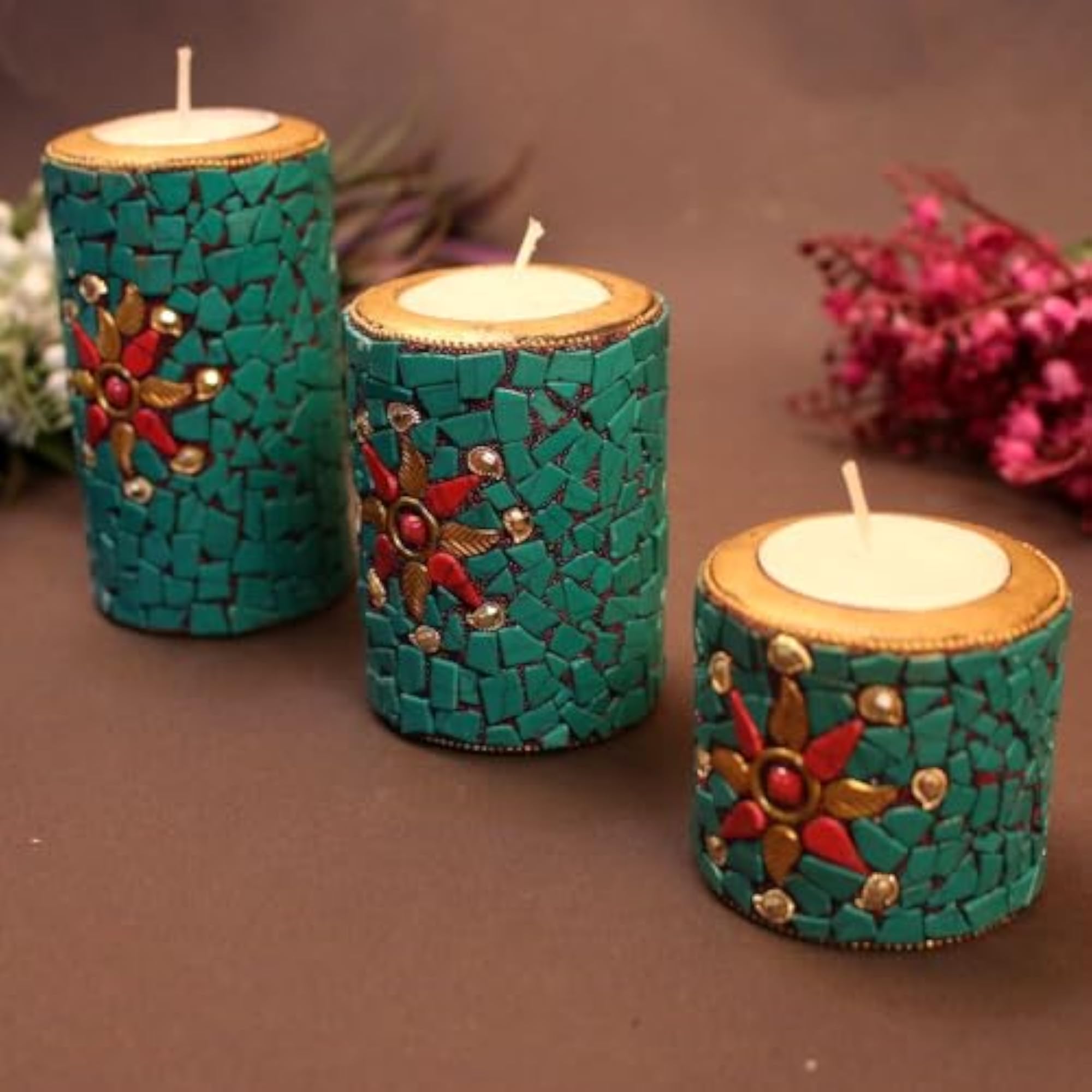 Stone Work Pillar Candle Set for Diwali