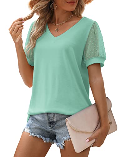 Image of Aokosor Womens Summer Tops V Neck T Shirts Swiss Dot Puff Sleeve Tops Loose Casual Tshirts