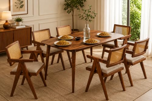 Solid Sheesham Wood 6 Seater Dining Table Set with Cane Back Chairs with Cushions for Dining Room | Living Room | Home & Office | Hotels Restaurant & 