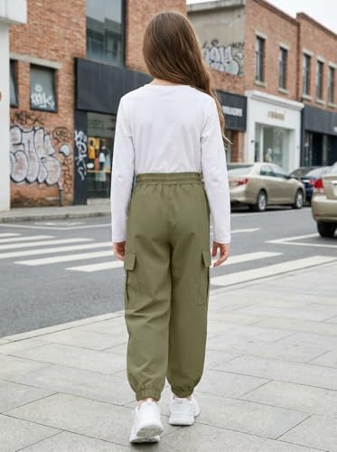 Image of JiAmy Girls Cargo Pants Elastic High Waist Drawstring Pants Jogger Trousers Casual Loose with Pockets 6-14Y