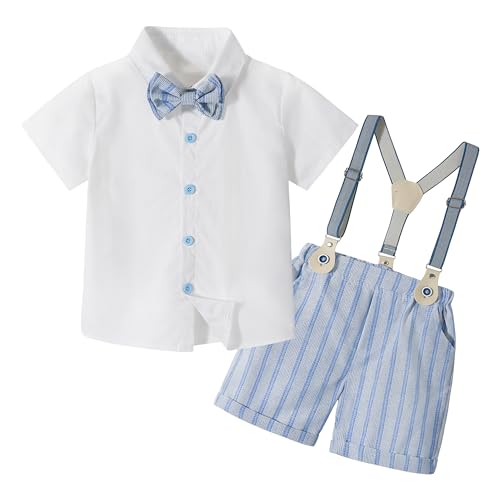 Image of Volunboy Baby Boy Formal Short Set Toddler Summer Gentleman Outfit Kid Short Sleeve Bowtie Shirt Suspender Shorts Suit